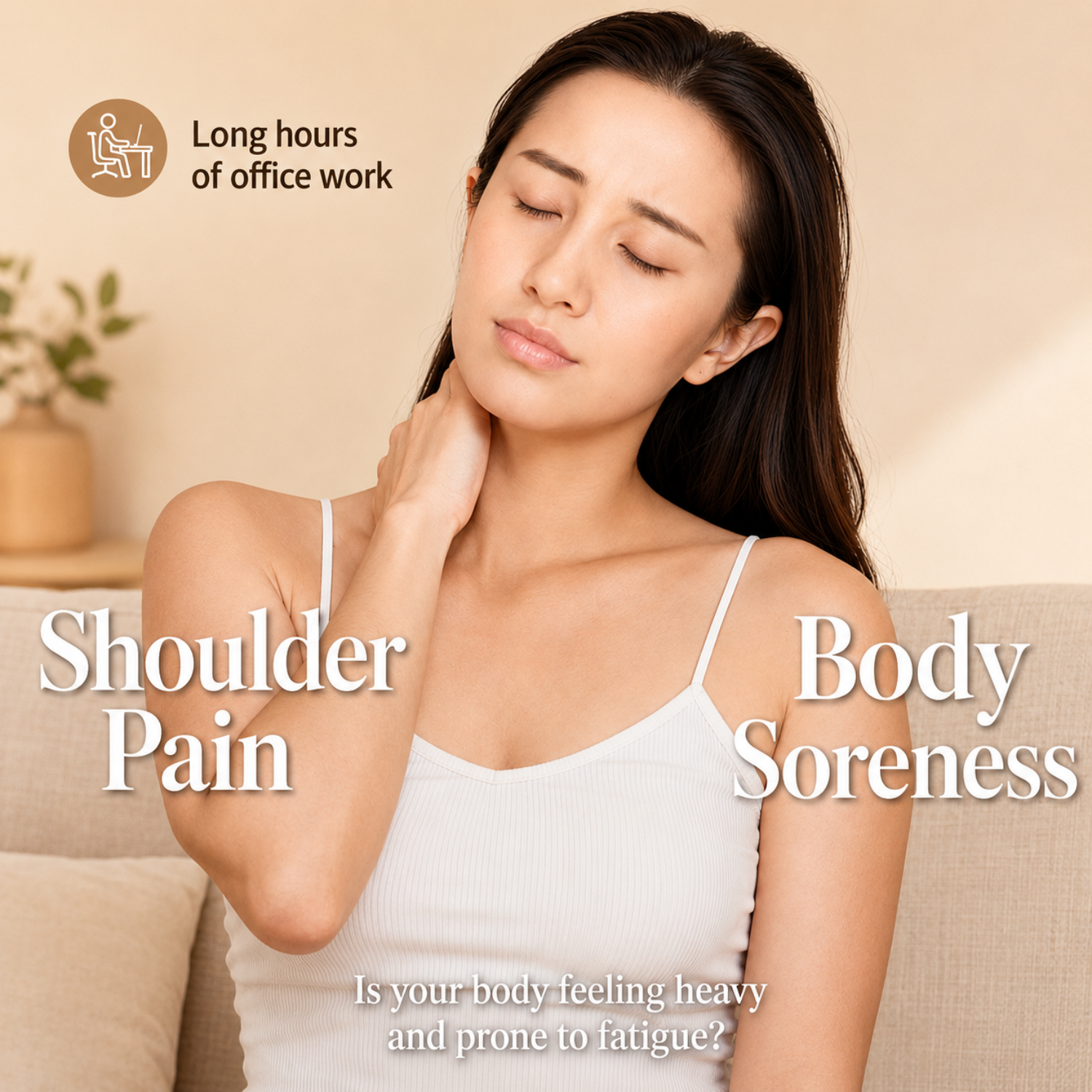 Woman experiencing shoulder pain and body soreness with text on office work-related issues.