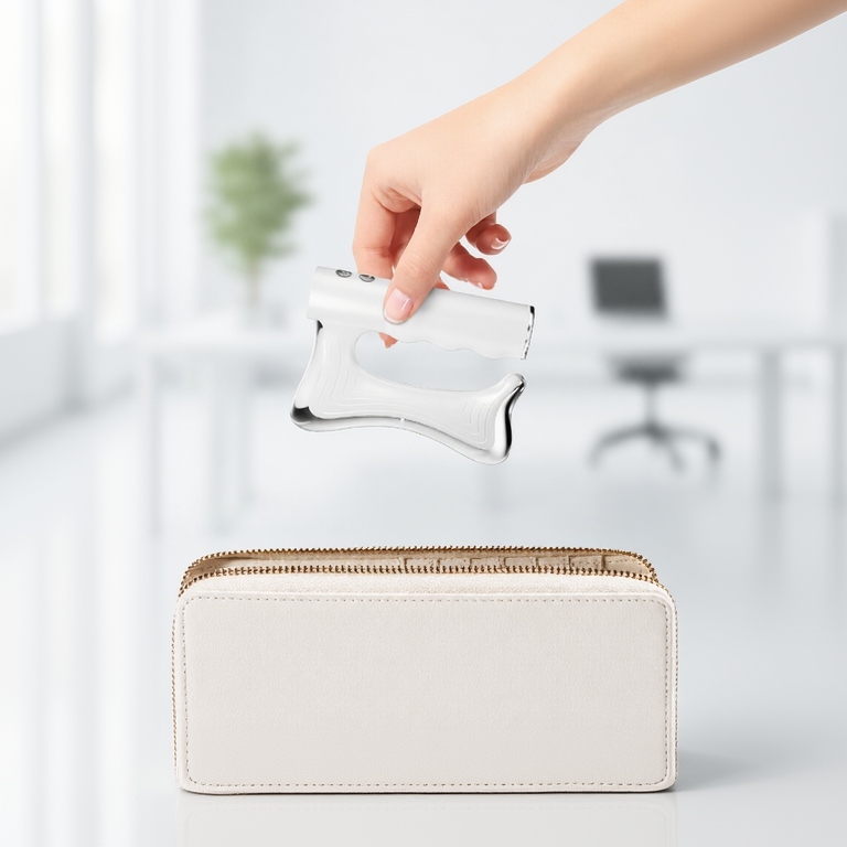 Hand holding a small white pouch over a beige bag with a blurred indoor background