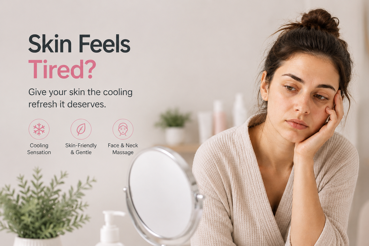 Woman sitting at a table with skincare products, looking tired with text about skin care solutions.