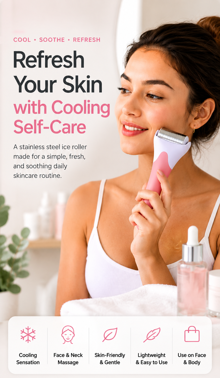 Woman using a cooling self-care product with text and icons on a white background