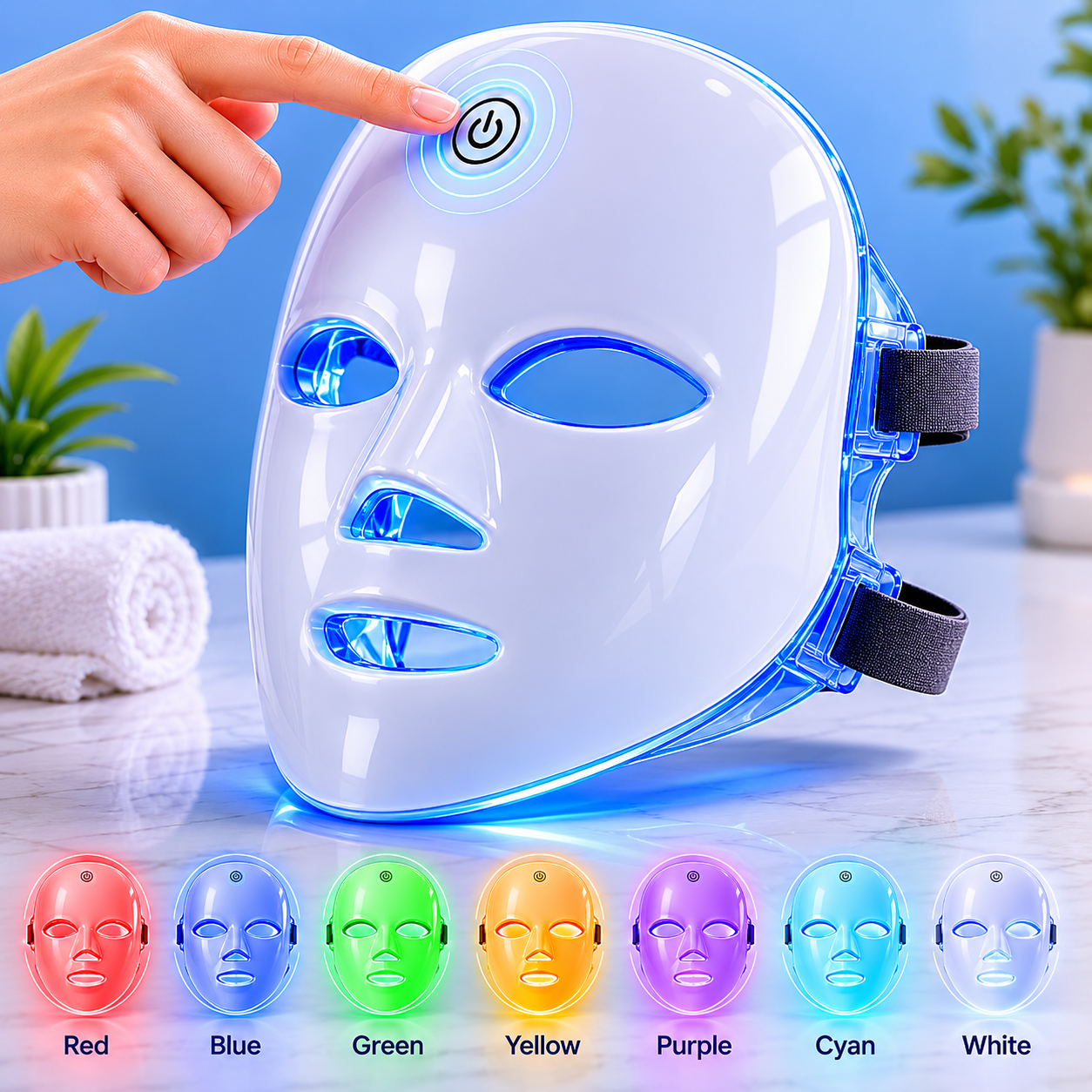 LED face mask with colorful light options on a table with a blue background