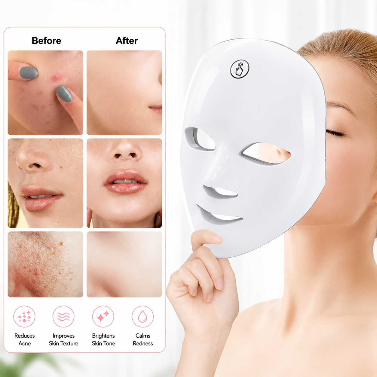 Woman holding a LED face mask with 'Before' and 'After' skin comparison on the left.