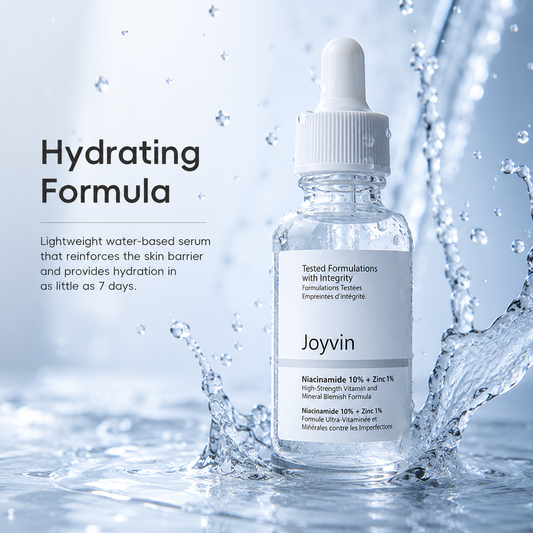 Joyvin hydrating serum bottle with water splash and text on a light blue background